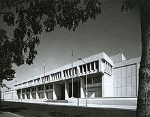 The Philadelphia Mint building in black and white.