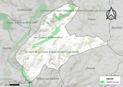 Carte des ZNIEFF de type 1 sur la commune.