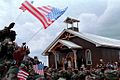 Chapel at Camp Bondsteel in Kosovo, during Presidential visit. Makeshift crosses later erected on chapel grounds were removed.