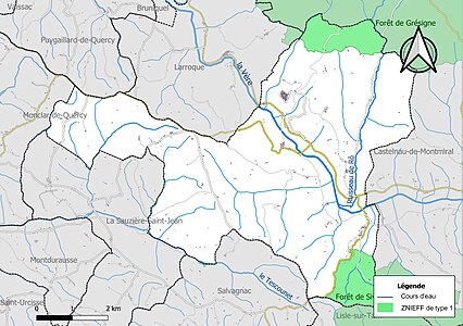 Carte des ZNIEFF de type 1 sur la commune.