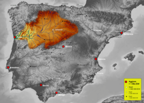 Kaart van die Douro-bekken op die Iberiese Skiereiland.