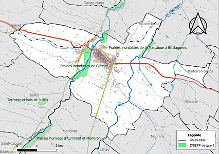 Carte des ZNIEFF de type 1 sur la commune.