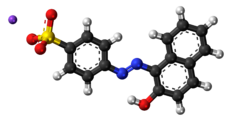 Ball-and-stick model of the component ions of acid orange 7