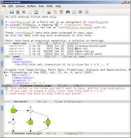 Een screenshot van GNU Emacs met verschillende soorten bestanden open