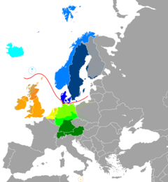 Las lengas germanicas en Europa uèi germanic del nòrd      islandés      feroés      norvegian      suedés      danés germanic de l'oèst      scots      anglés      frison      neerlandés      bas alemand      alemand