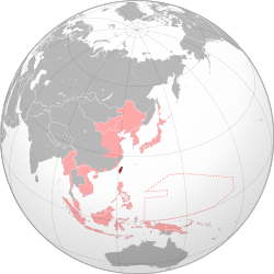 Taiwan (merah tua) di dalam Kekaisaran Jepang (merah muda) pada masa kejayaannya.