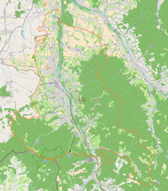 Mapa konturowa Ustronia, w centrum znajduje się punkt z opisem „Zawodzie”