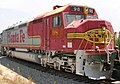 Santa Fe #98 (originally #108), an EMD FP45 decked out in Warbonnet colors, including the traditional "cigar band" nose emblem