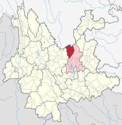 Location of Luquan County (red) and Kunming City (pink) and Yunnan province