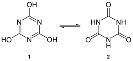 Structuurformule van cyanuurzuur (1) en de tautomere vorm isocyanuurzuur (2)