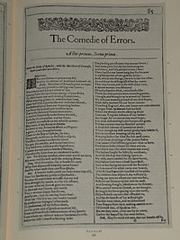 Faksimil av första sidan i The Comedy of Errors från First Folio, publicerad 1623