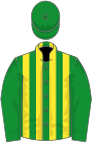 Green, yellow stripes, green sleeves and cap