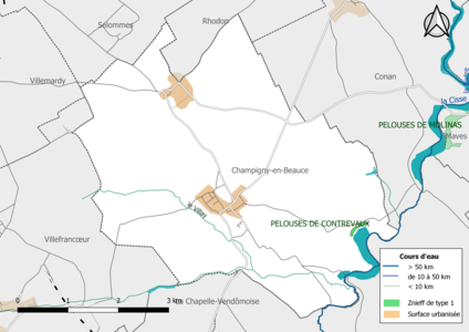 Carte des ZNIEFF de type 1 localisées sur la commune[Note 2].