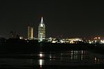 The tower at night.