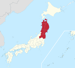 Map showing the Tōhoku region of Japan. It comprises the northeast area of the island of Honshu.