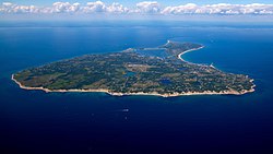 Block Island looking north over Block Island Sound. The coast of Rhode Island is seen in the distance.