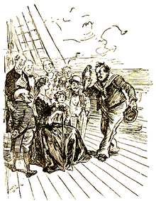 A sketch of a man talking to people gathered on a sailing ship.