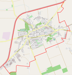 Mapa konturowa Lwówka, po prawej znajduje się punkt z opisem „Kościół poewangelicki”