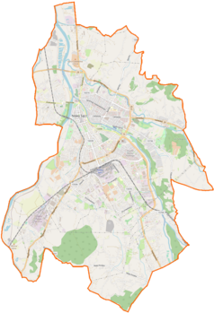 Mapa konturowa Nowego Sącza, po prawej znajduje się punkt z opisem „Nowy Sącz, cerkiew w skansenie”