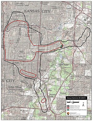 Map of Westport Battlefield core and study areas by the American Battlefield Protection Program