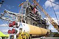 A Space Launch System Rocket Core at Stennis prior to being lifted onto the B2 test stand