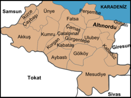 Map showing Ulubey District in Ordu Province