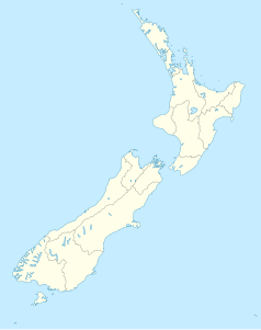 Mapa konturowa Nowej Zelandii, u góry nieco na prawo znajduje się punkt z opisem „Waitakere”