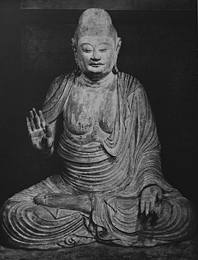 Shaka Nyorai assis, v. 850-900. Cyprès peint. H. 105 cm. Murō-ji. Nara.