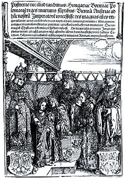 A bécsi királytalálkozó és kettős eljegyzés fametszete, Albrecht Dürer munkája, a személyek balról jobbra: I. Miksa német-római császár unokájával, Máriával, II.Ulászló a gyermekeivel, Lajossal és Annával, valamint II. Ulászló öccse, I. Zsigmond lengyel király