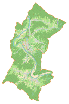 Mapa konturowa gminy Lesko, w centrum znajduje się punkt z opisem „Lesko”