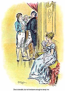 Illustration en couleur. Darcy, debout, regarde de haut Elizabeth, assise