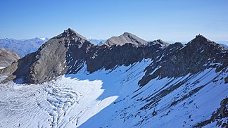 Blick auf die Schildspitze, Mittlere Pederspitze und Plattenspitze (von links nach rechts)