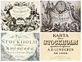 Ett urval av stockholmskartornas titelvinjetter, från konstnärligt gestaltade till ingenjörsmässigt strikt. Fyra exempel från 1733, 1751, 1805 och 1885.