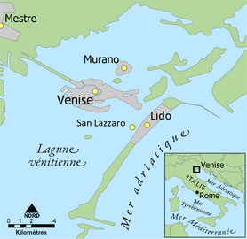 Carte couleur montrant l'emplacement de San Lazzaro, entre Venise et le Lido.