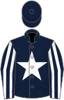 Dark blue, white star, striped sleeves