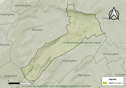 Carte de la ZNIEFF de type 2 sur la commune.