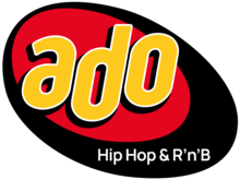 A red oval with a black swooshy oval around it. Over the red oval, in yellow with white trim and black drop shadows, are the letters a, d, and o in a sans serif. On the black oval area are the words "Hip Hop & R'n'B".