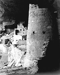 Round tower, Cliff Palace in 1941. A 1941 photograph of Cliff Palace by Ansel Adams.