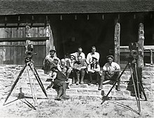 Gabourie - center - flanked by Phyllis Haver and Buster Keaton (in front of Edward F. Cline) on location for The Balloonatic (1923)