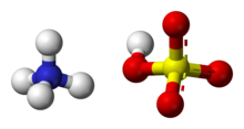 Ball-and-stick model of an ammonium cation (left) and a bisulfite anion (right)