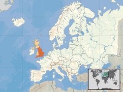 Location of England (orange) – in Europe (tan & white) – in the United Kingdom (tan)