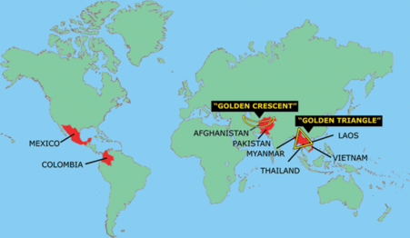 Belangrijkste heroïneproducerende landen ter wereld (rood)