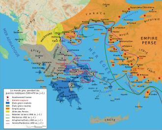 Carte couleur représentant le monde grec à l'époque des guerres médiques.