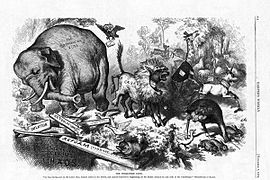 An 1874 cartoon by Thomas Nast, featuring the first notable appearance of the Republican elephant[197]