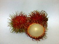 two unpeeled fruits with red spiky skin and one peeled fruit with white inside