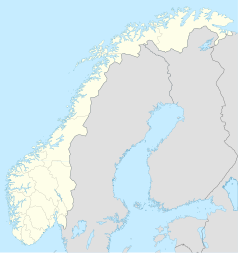 Mapa konturowa Norwegii, u góry znajduje się punkt z opisem „Tromsø”