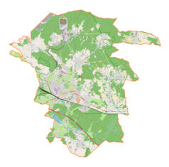 Mapa konturowa gminy Trzebinia, blisko centrum u góry znajduje się punkt z opisem „Łąki”