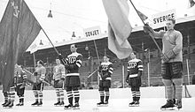 Players parade behind their national flag