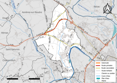 Carte en couleur présentant le réseau hydrographique de la commune