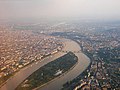 Budapest seen from north. Pest is on the left, Buda is on the right; Margaret Island in the foreground, Csepel Island at the farther end.